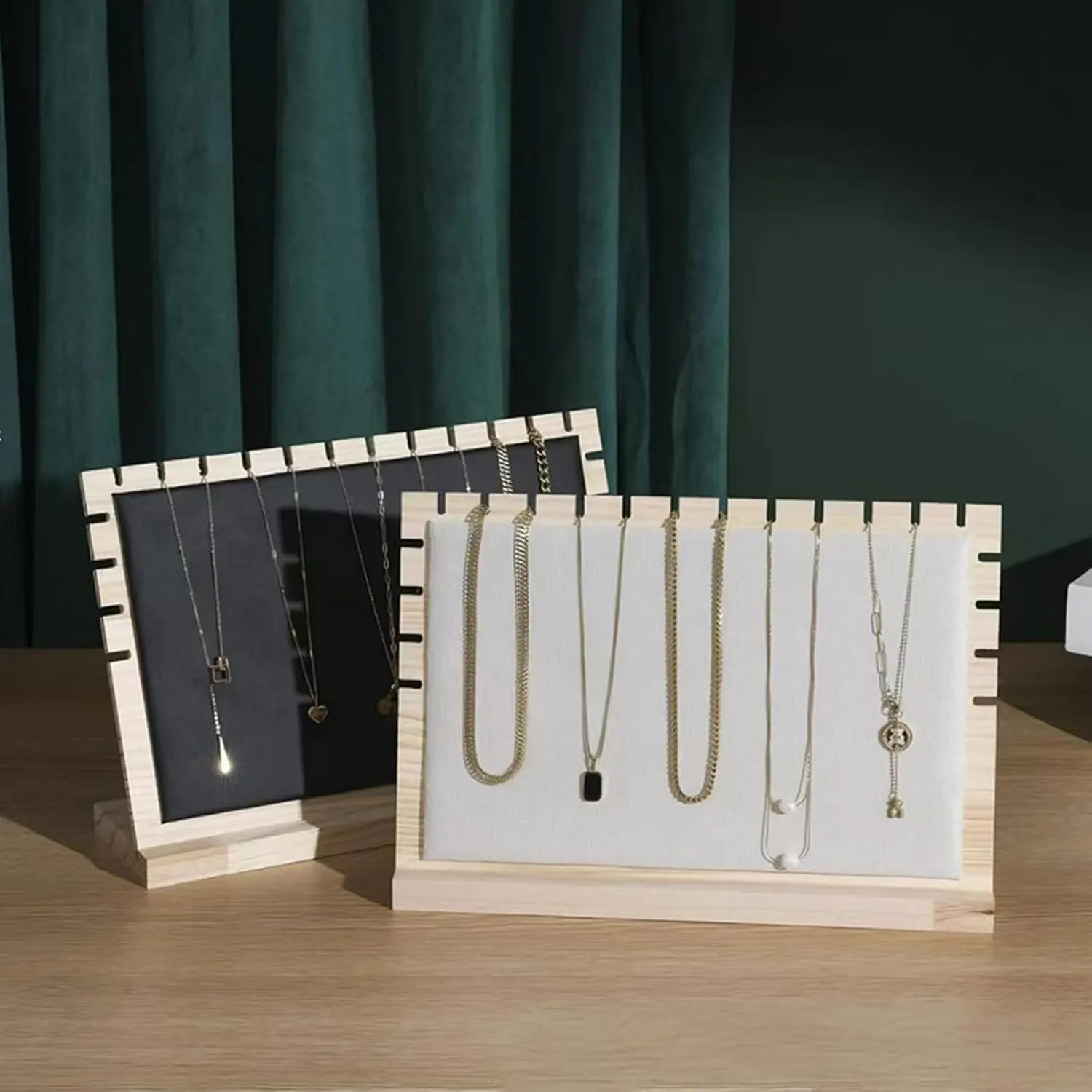 11.7" Horizontal Necklace Jewelry Display Stand with Leather Soft Mat Wood Necklace Pendant Tabletop Display Storage Holder for Home Selling Shows (1, Black)