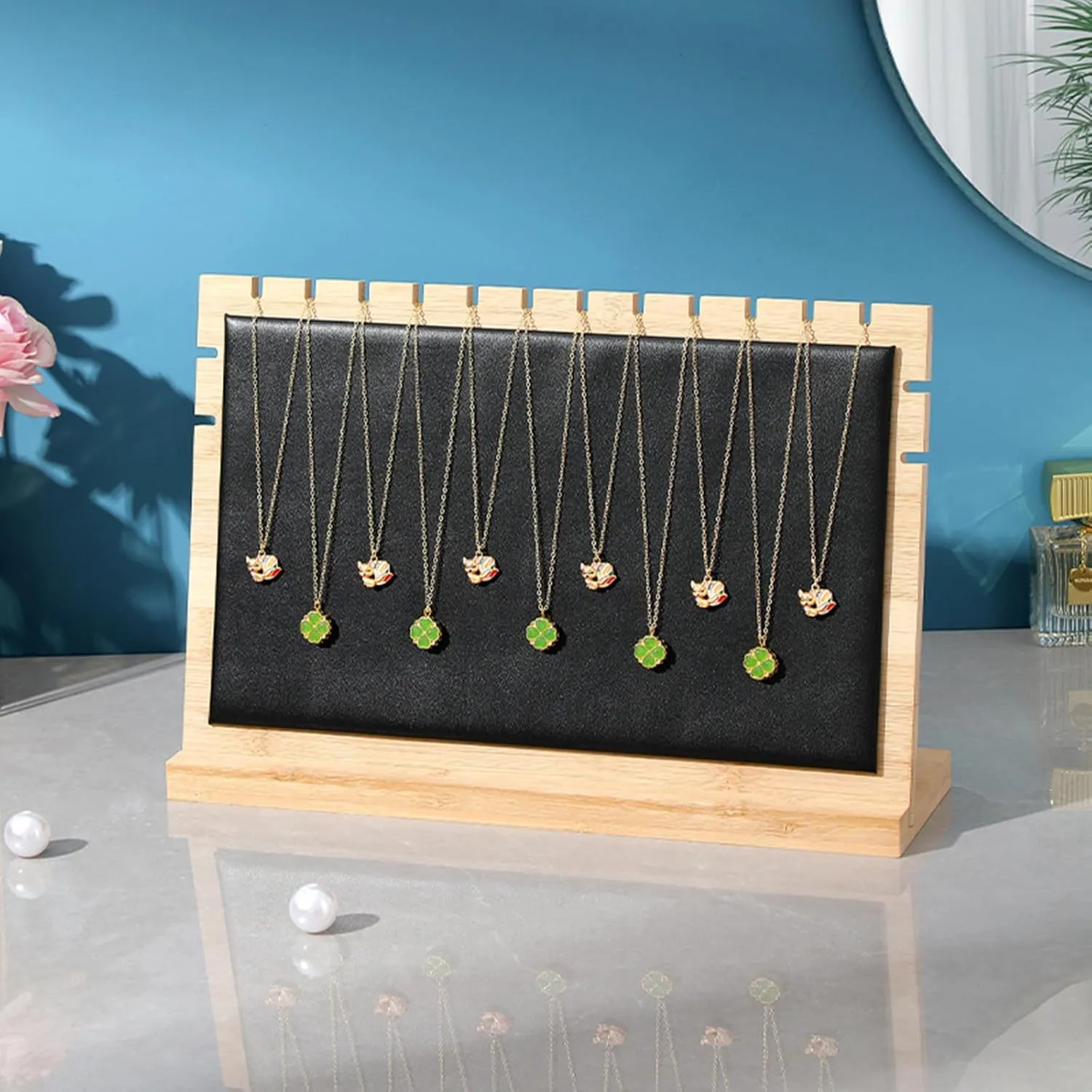 11.7" Horizontal Necklace Jewelry Display Stand with Leather Soft Mat Wood Necklace Pendant Tabletop Display Storage Holder for Home Selling Shows (1, Black)