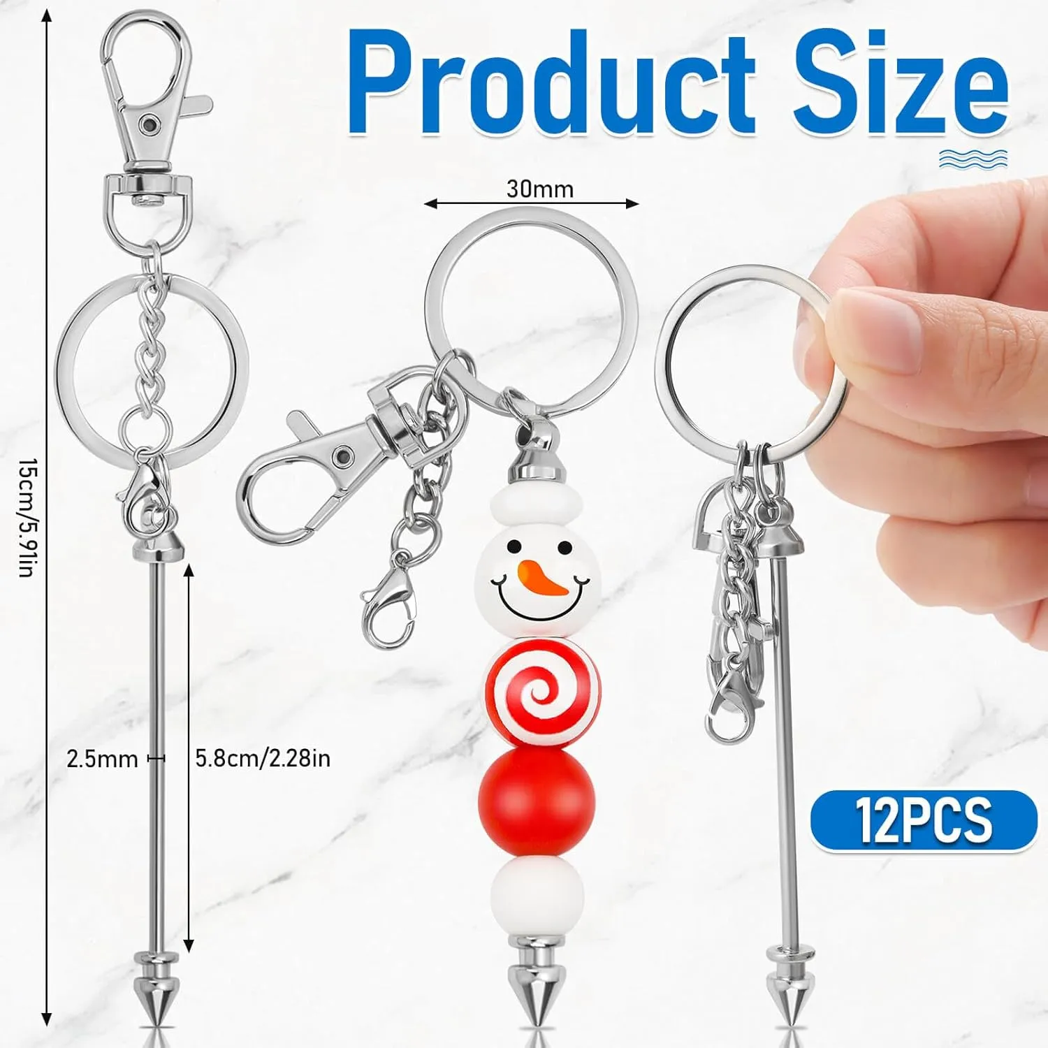 12 Pcs Beadable Keychain Bar, Silver Bead Keychain Beaded Item for Pendant DIY, Alloy Blank Key Chain Accessories Bulk for Beadable Gift Jewelry Making Supplies