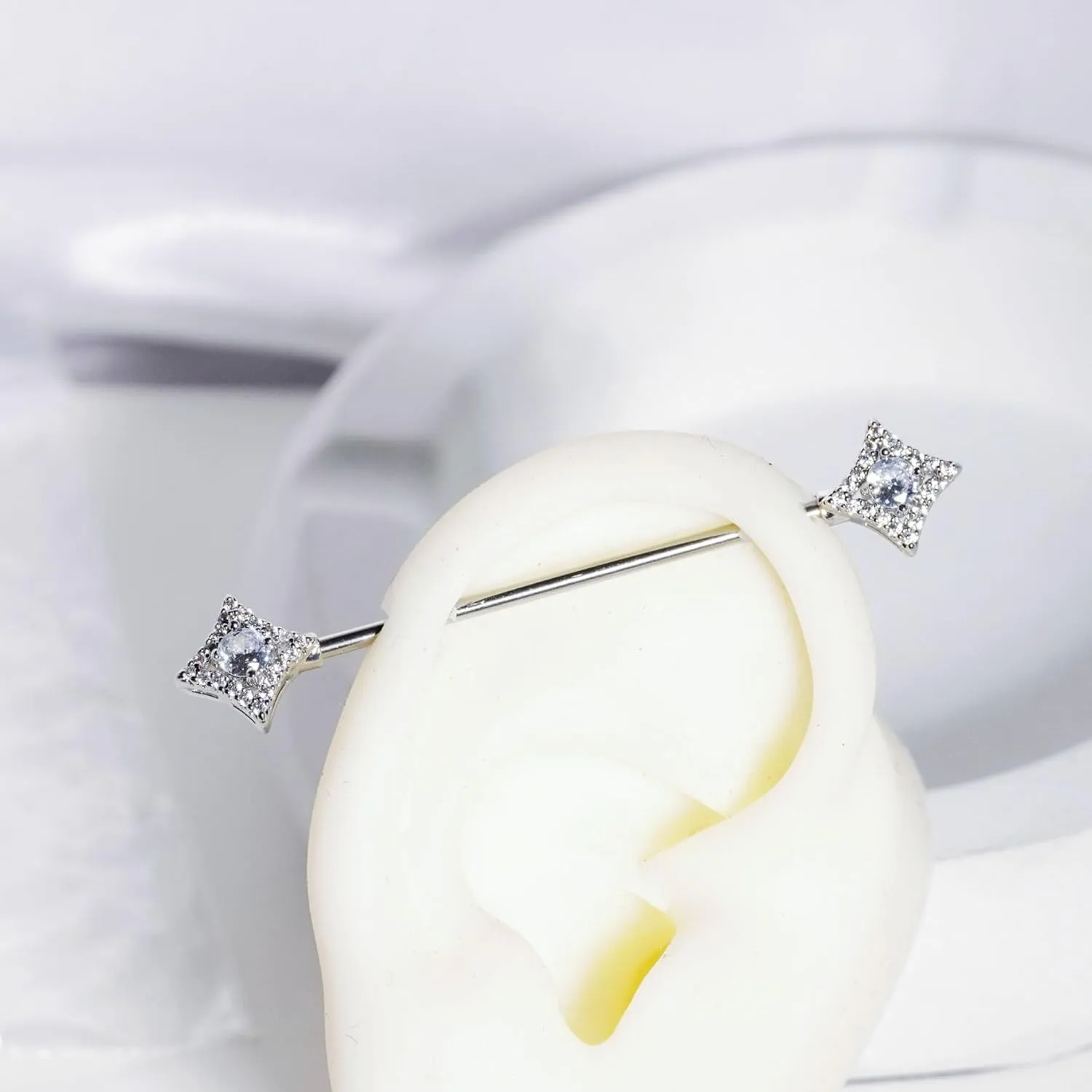 14G Square CZ Industrial Barbell Earrings Sparkling Cartilage Industrial Piercing Jewelry 38mm Long Industrial Bar for Women Men