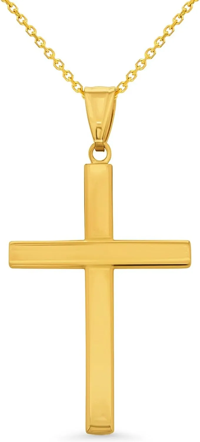 14k Solid Gold Plain and Simple Religious Cross Pendant Necklace