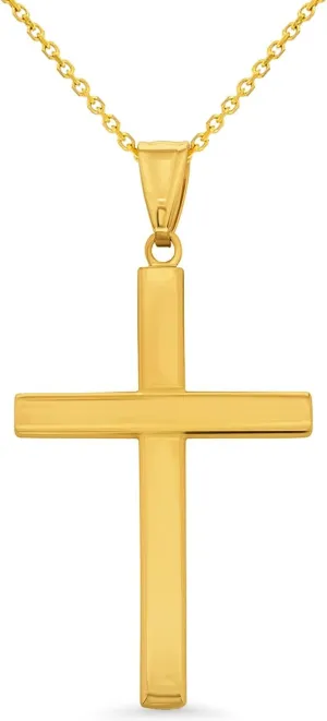 14k Solid Gold Plain and Simple Religious Cross Pendant Necklace