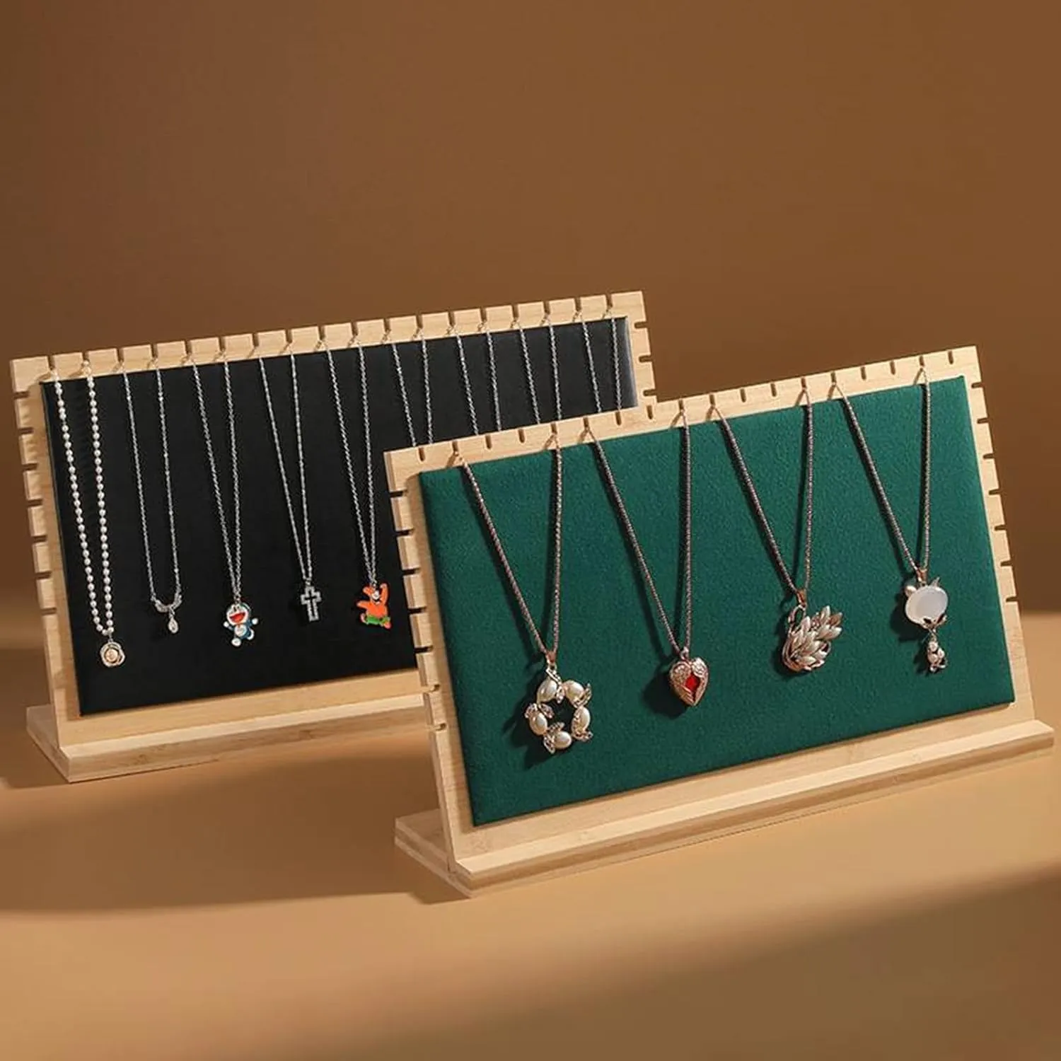 15.5" Horizontal Necklace Jewelry Display Stand with Flannelette Soft Mat Wood Necklace Pendant Chain Jewelry Tabletop Display Storage Holder for Vendors Exhibitor Craft Shows (1, Green)