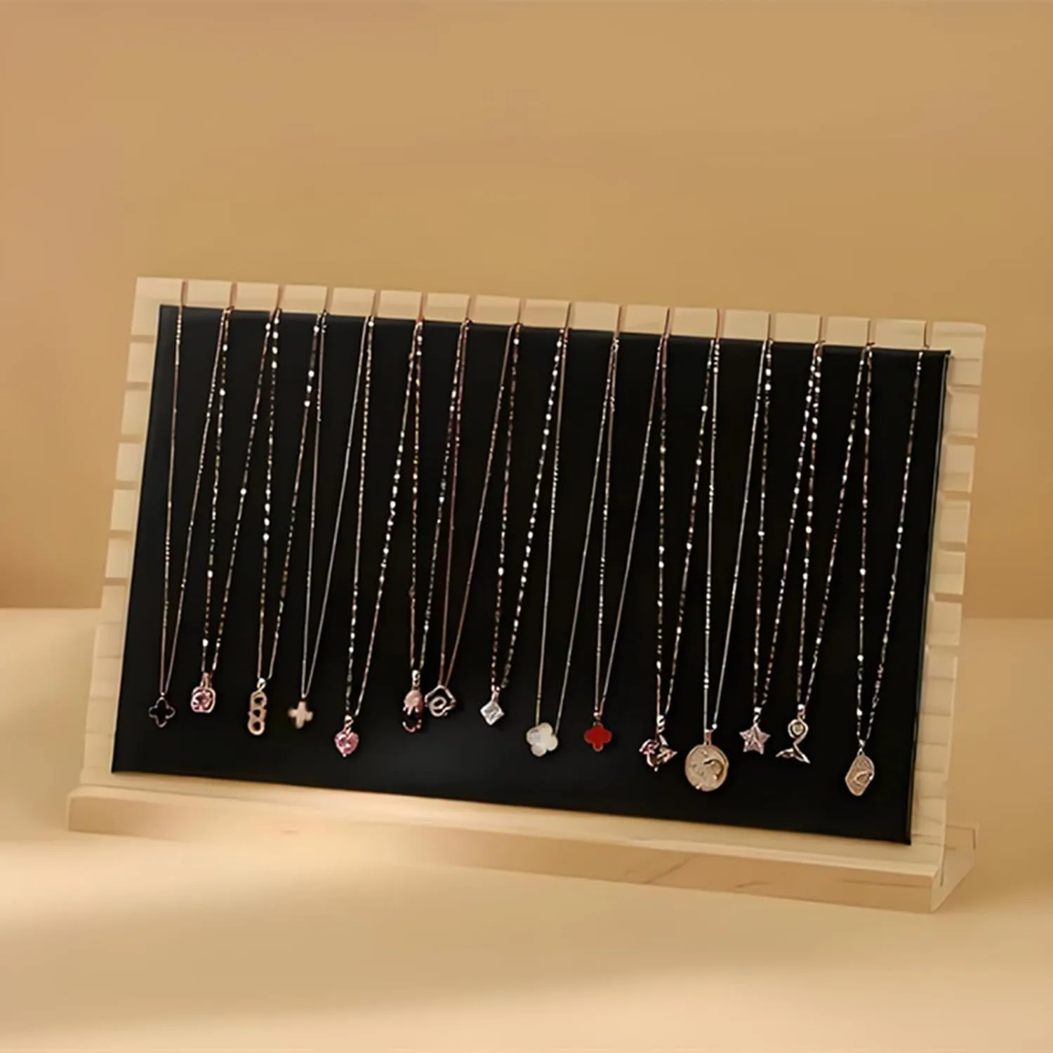 15.5" Horizontal Necklace Jewelry Display Stand with Leather Soft Mat Wood Necklace Pendant Chain Jewelry Tabletop Display Storage Holder for Vendors Exhibitor Craft Shows (1, Black)