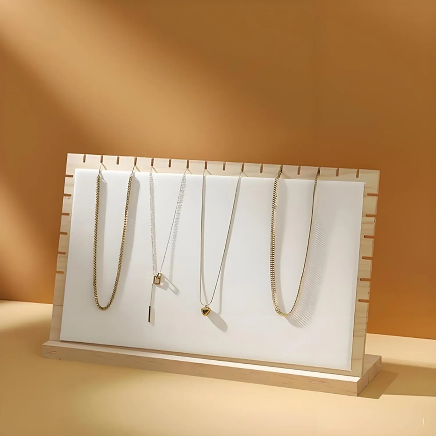 15.5" Horizontal Necklace Jewelry Display Stand with Leather Soft Mat Wood Necklace Pendant Chain Jewelry Tabletop Display Storage Holder for Vendors Exhibitor Craft Shows (1, White)