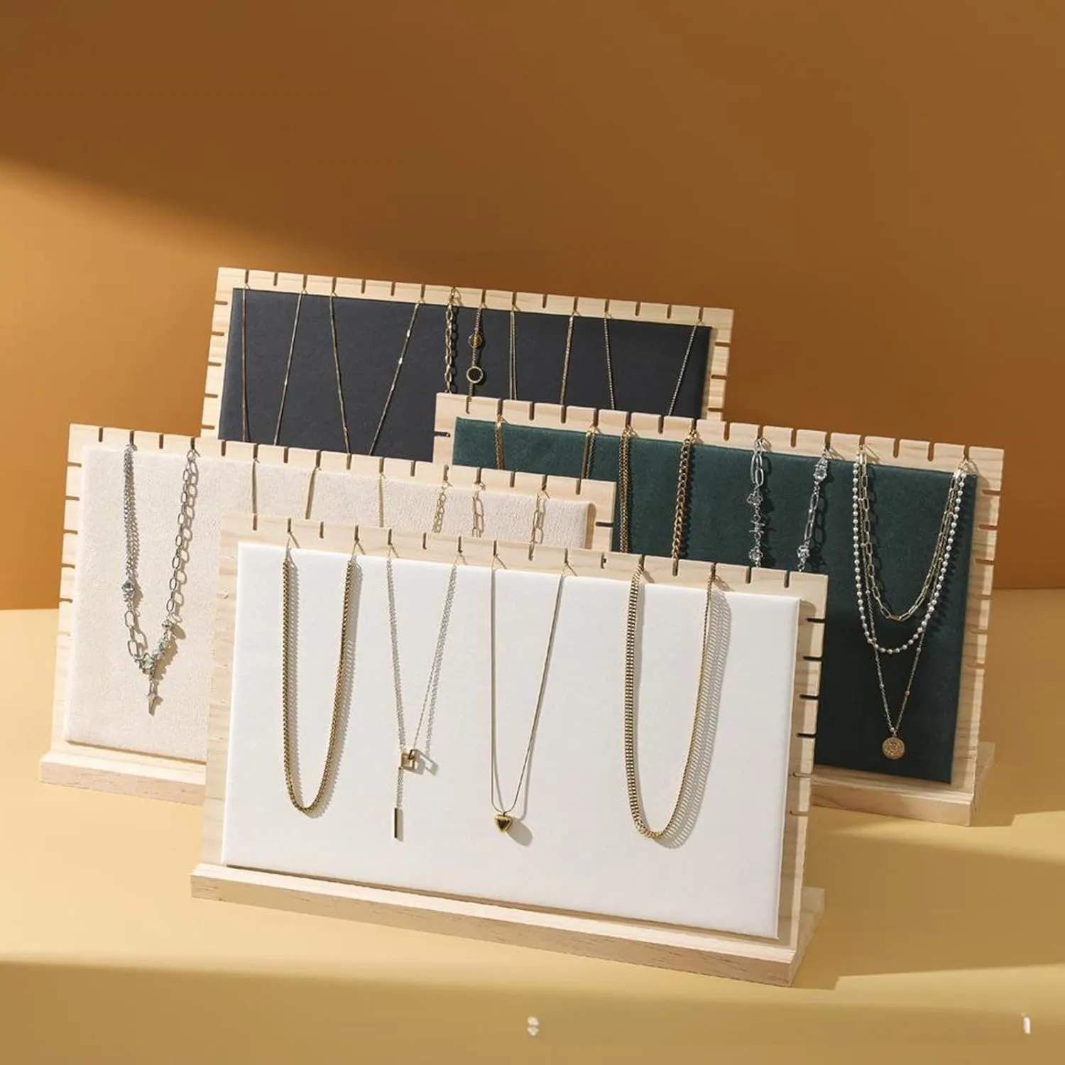 15.5" Horizontal Necklace Jewelry Display Stand with Leather Soft Mat Wood Necklace Pendant Chain Jewelry Tabletop Display Storage Holder for Vendors Exhibitor Craft Shows (1, White)