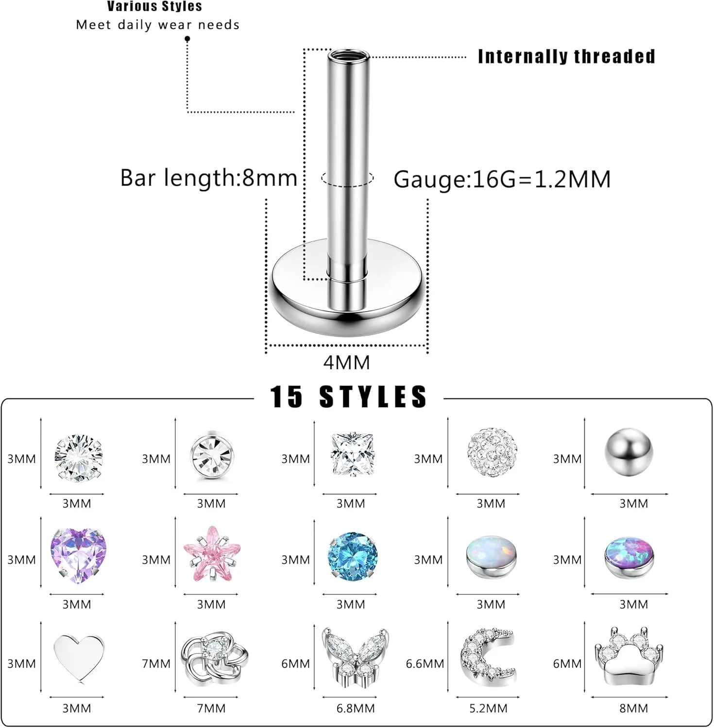15PCS 16G 18G Stainless Steel Lip Studs for Women Internally Threaded Labret Monroe Lip Ring CZ Opal Flat Back Nose Rings Stud Cartilage Helix Tragus Earrings Piercing