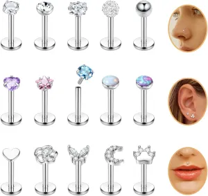 15PCS 16G 18G Stainless Steel Lip Studs for Women Internally Threaded Labret Monroe Lip Ring CZ Opal Flat Back Nose Rings Stud Cartilage Helix Tragus Earrings Piercing