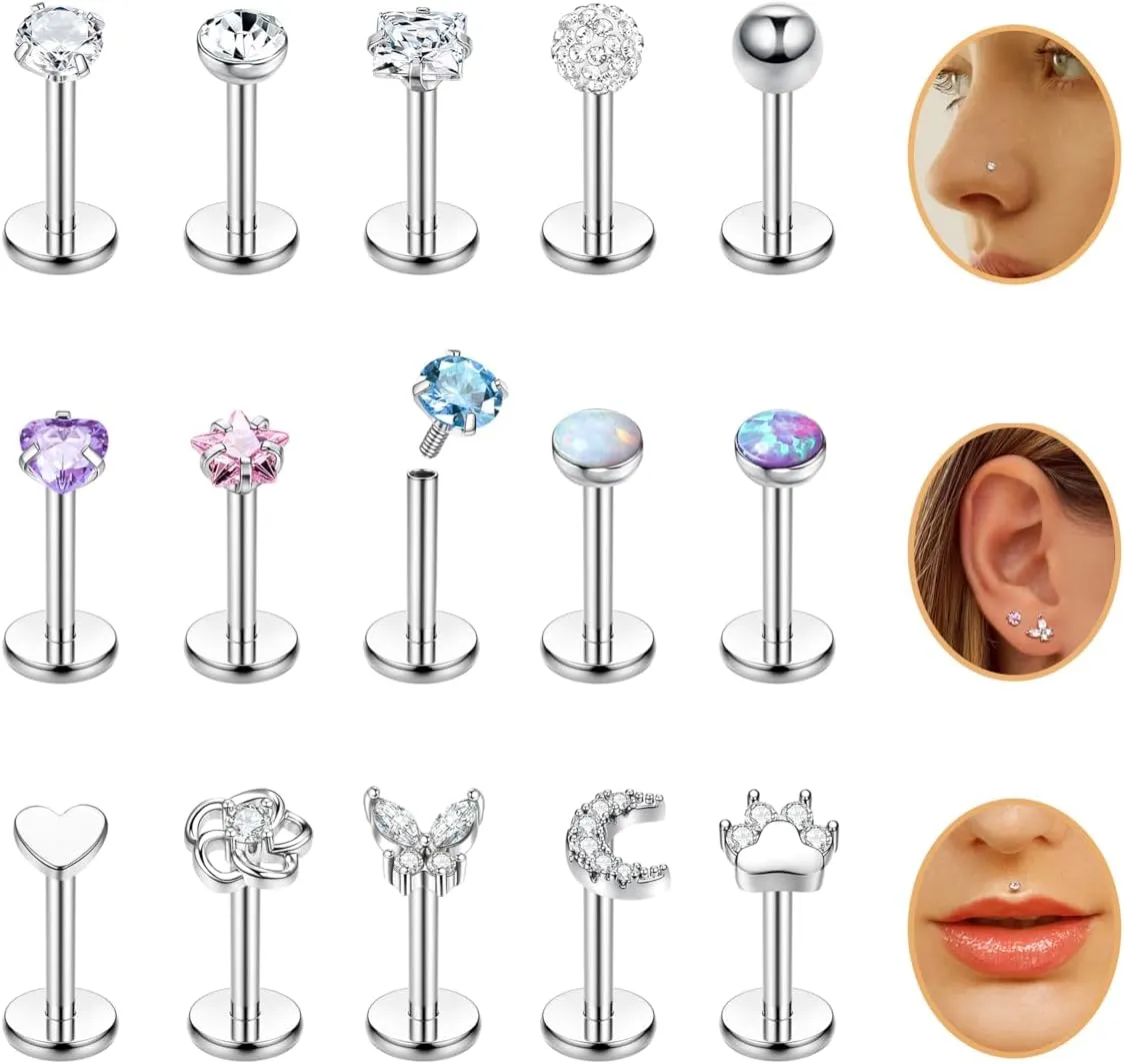 15PCS 16G 18G Stainless Steel Lip Studs for Women Internally Threaded Labret Monroe Lip Ring CZ Opal Flat Back Nose Rings Stud Cartilage Helix Tragus Earrings Piercing