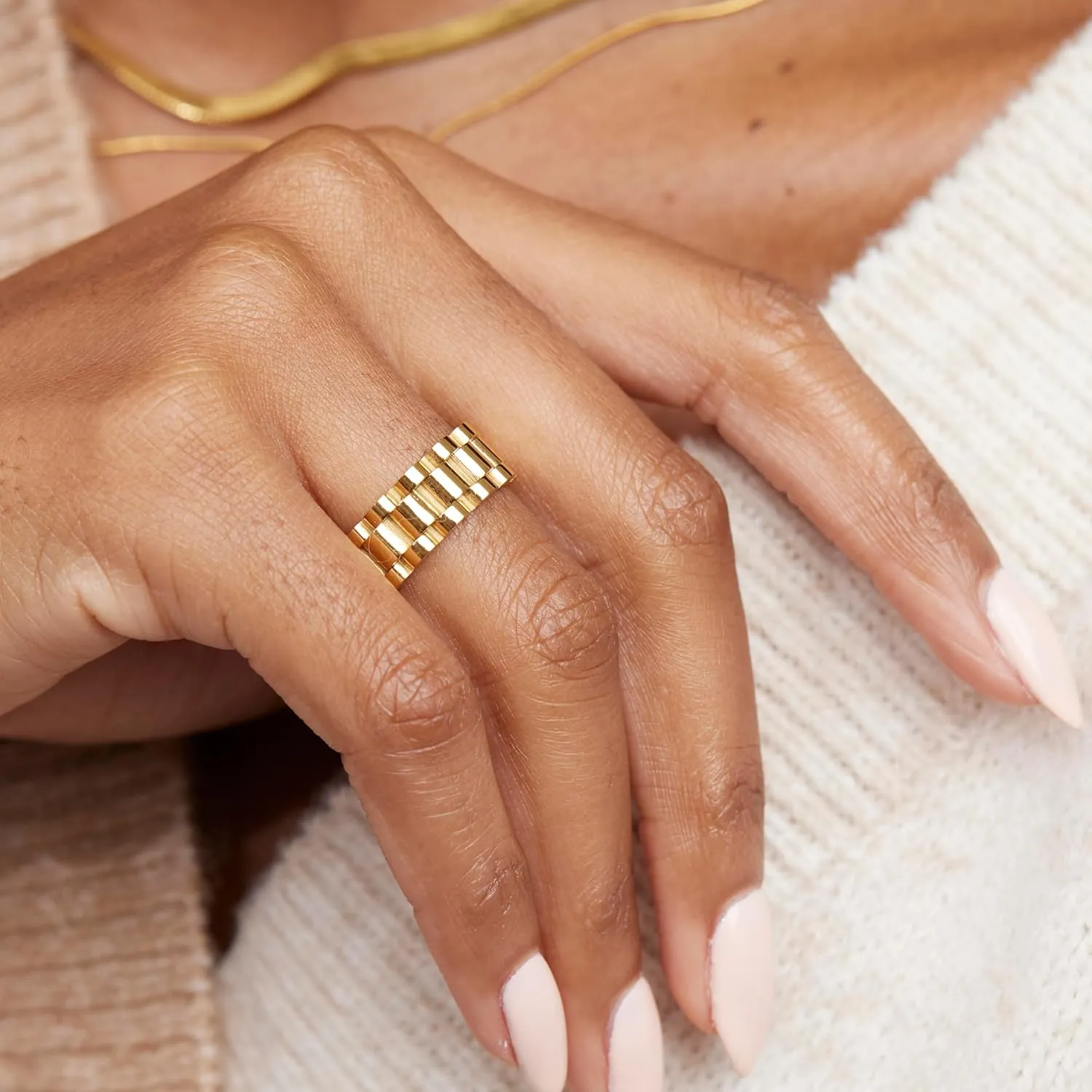 18K Gold Plated Belt Chain Ring, Gold Rings for Women, Stacking Rings, Gold Band Minimalist Style