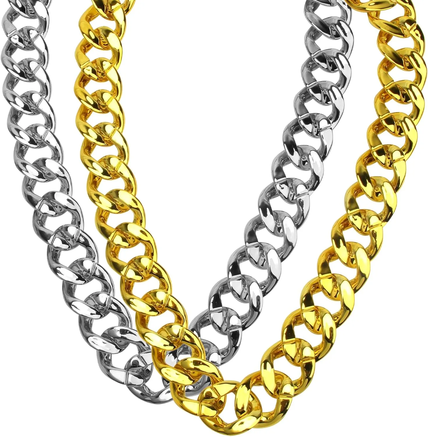 2 Pack Plastic Gold Chain Silver Chain, 36 Inch Plastic Chain Necklace Costume Gold Chain Rapper Men Costume Accessory for Party Bar