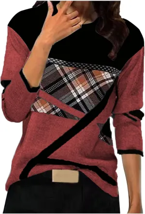 2024 Long Sleeve Shirts for Women Trendy Colors Blcok Winter Fall Tops Crewneck Loose fit Shirt Casual Dressy Blouses