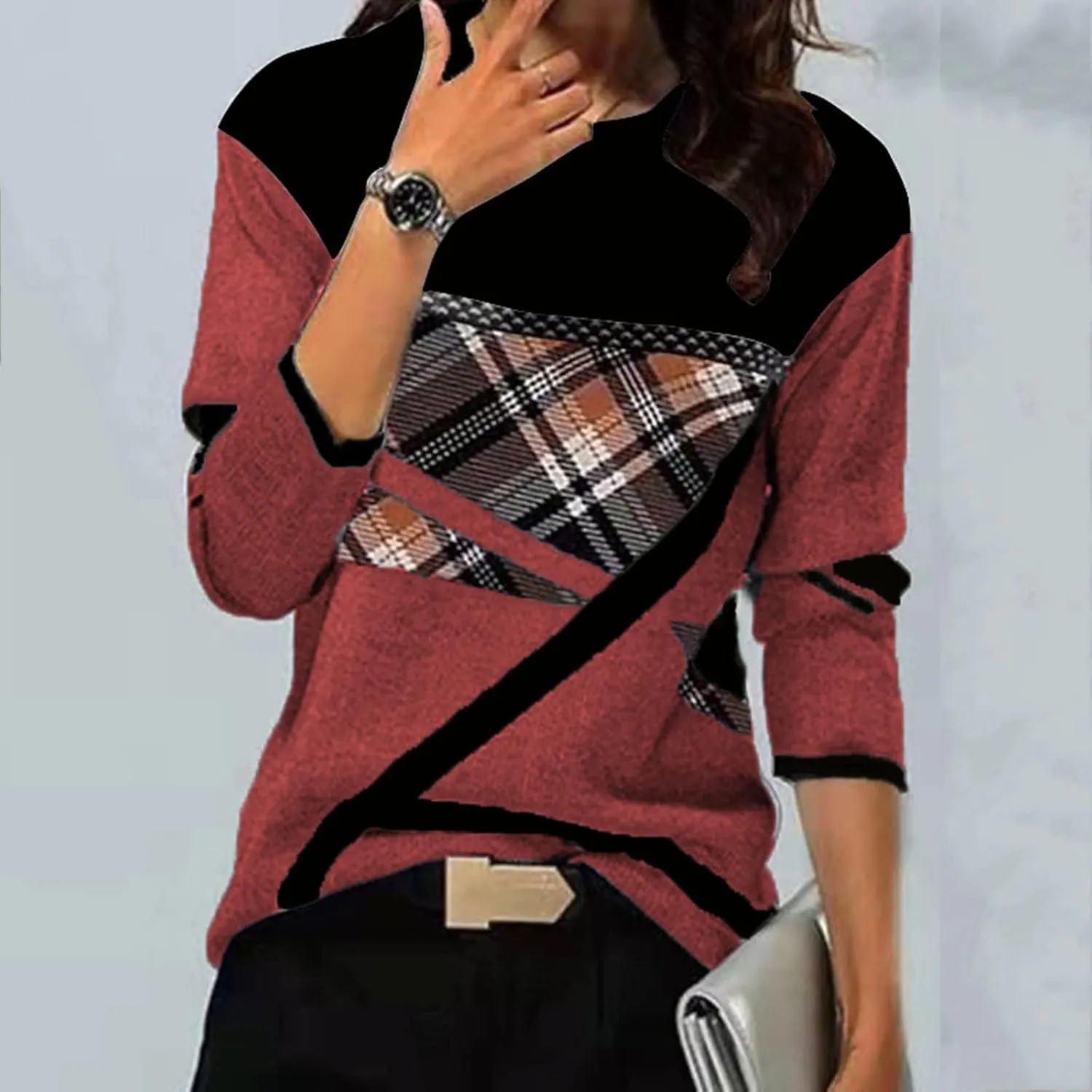 2024 Long Sleeve Shirts for Women Trendy Colors Blcok Winter Fall Tops Crewneck Loose fit Shirt Casual Dressy Blouses