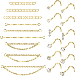 21PCS 22G 316L Stainless Steel Nose Ring Chain for Women Men Nose Chain Piercing Double Nose Stud Nostril Piercing Jewelry