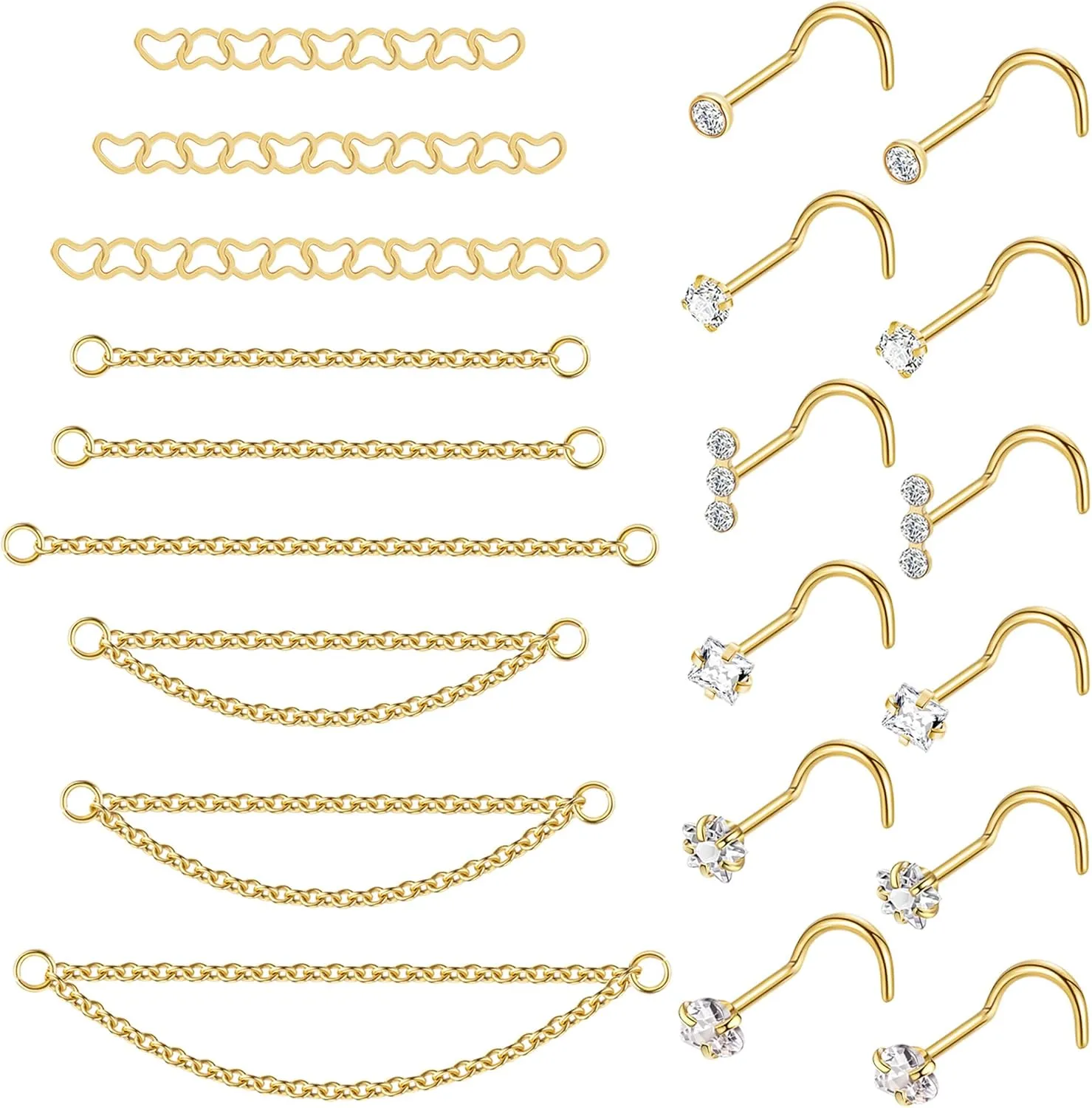 21PCS 22G 316L Stainless Steel Nose Ring Chain for Women Men Nose Chain Piercing Double Nose Stud Nostril Piercing Jewelry