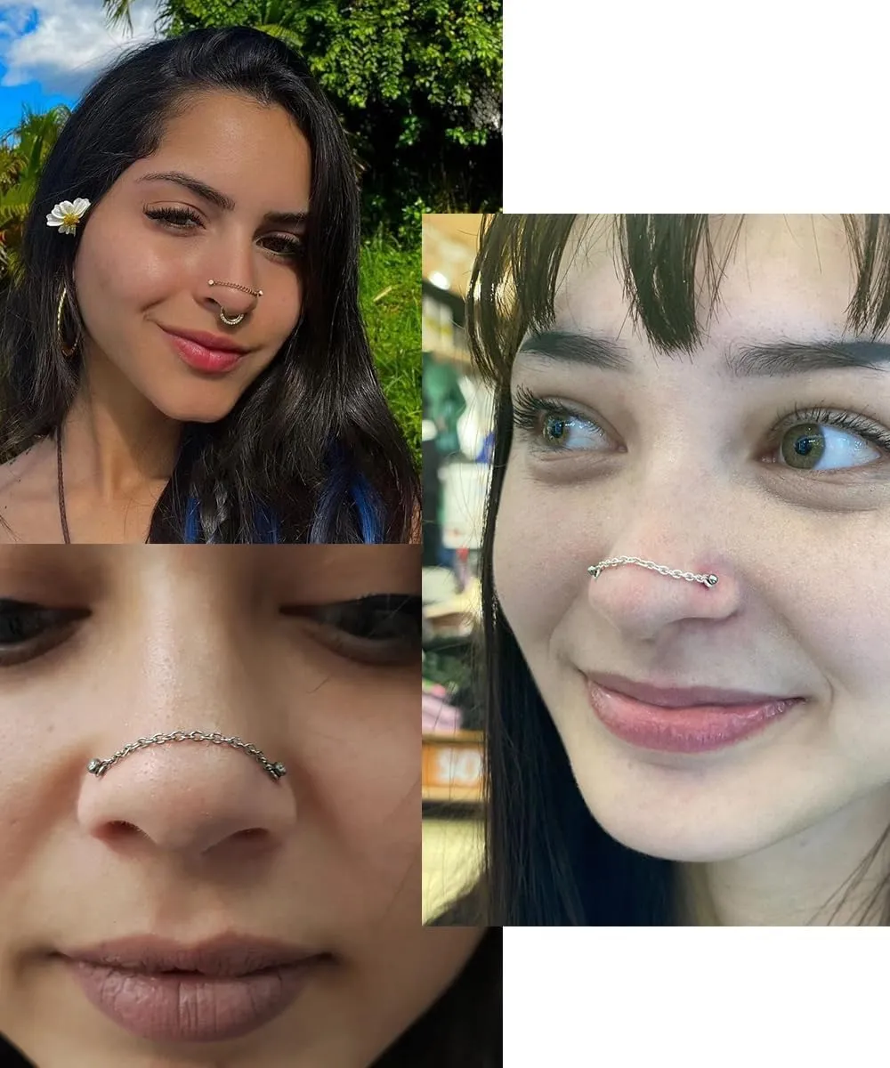21PCS 22G 316L Stainless Steel Nose Ring Chain for Women Men Nose Chain Piercing Double Nose Stud Nostril Piercing Jewelry