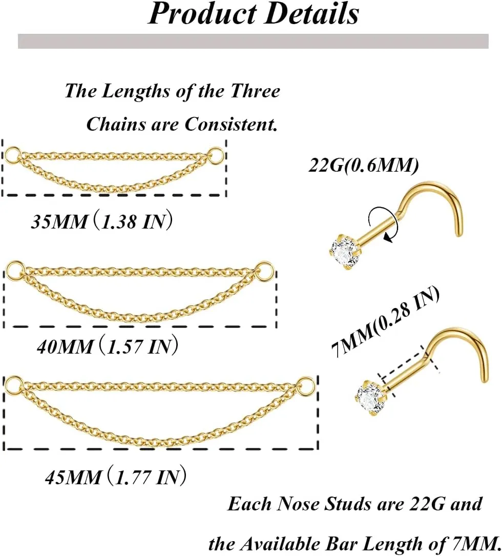 21PCS 22G 316L Stainless Steel Nose Ring Chain for Women Men Nose Chain Piercing Double Nose Stud Nostril Piercing Jewelry