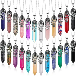24 Pcs Healing Crystal Necklace Hexagonal Healing Crystal Flower Wrapped Crystal Point Pendant Necklace Natural Quartz Point Pendants with Chain for Women