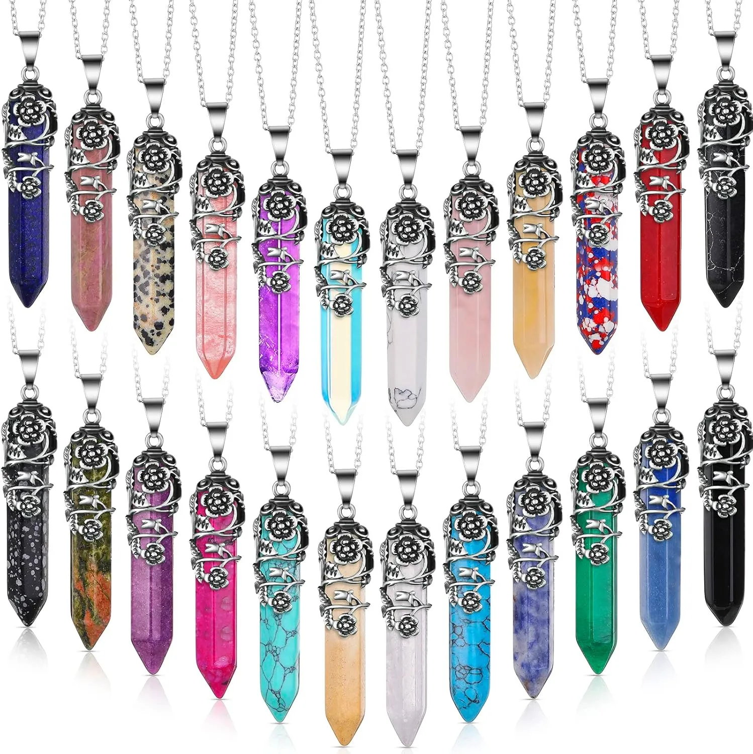 24 Pcs Healing Crystal Necklace Hexagonal Healing Crystal Flower Wrapped Crystal Point Pendant Necklace Natural Quartz Point Pendants with Chain for Women