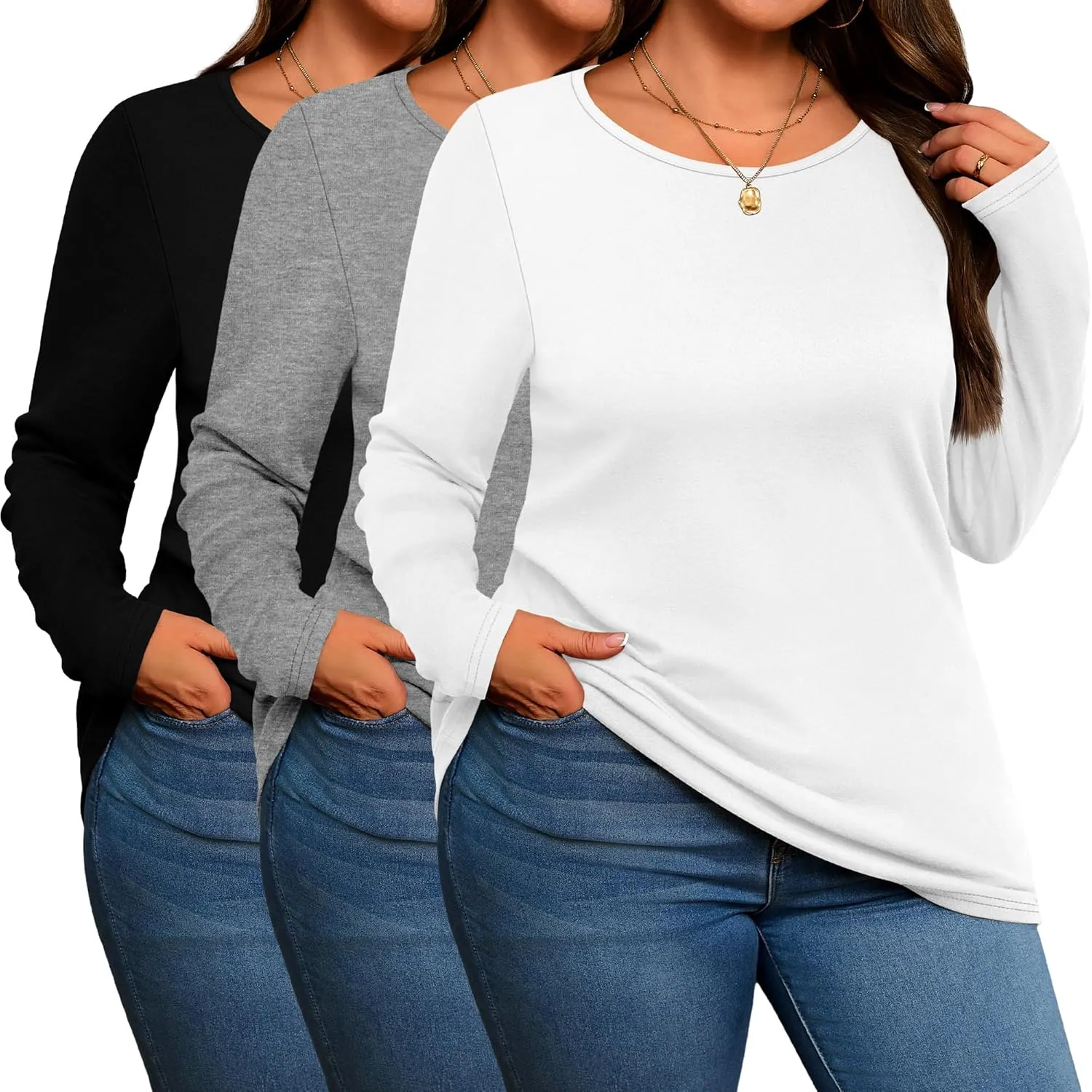 3 Pack Women's Plus Size Cotton Shirts, Scoop Neck Long Sleeve Casual Tops Form Fit Knitted Tees T-Shirts Blouses