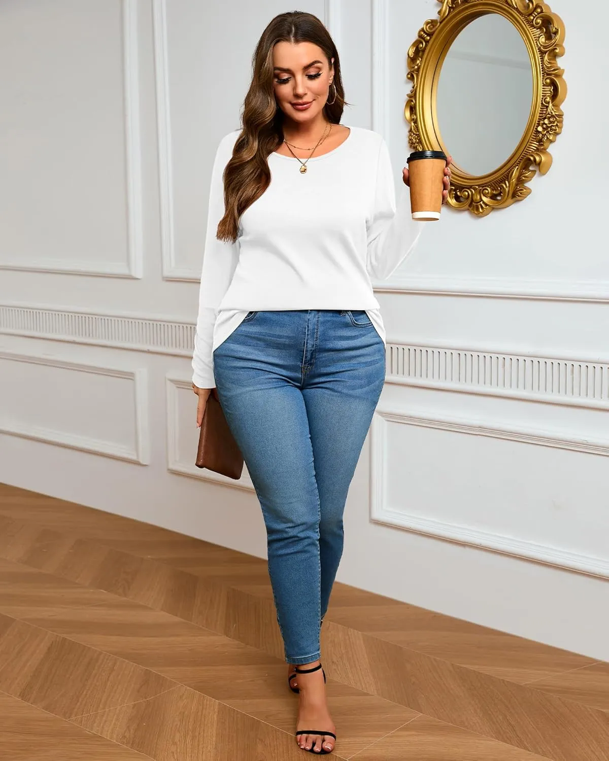3 Pack Women's Plus Size Cotton Shirts, Scoop Neck Long Sleeve Casual Tops Form Fit Knitted Tees T-Shirts Blouses