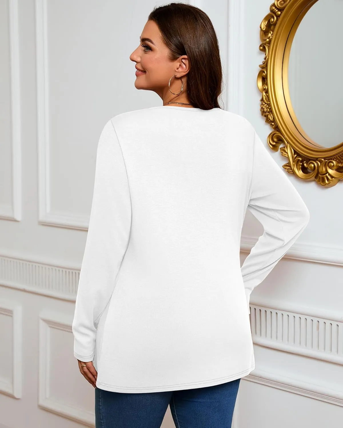 3 Pack Women's Plus Size Cotton Shirts, Scoop Neck Long Sleeve Casual Tops Form Fit Knitted Tees T-Shirts Blouses