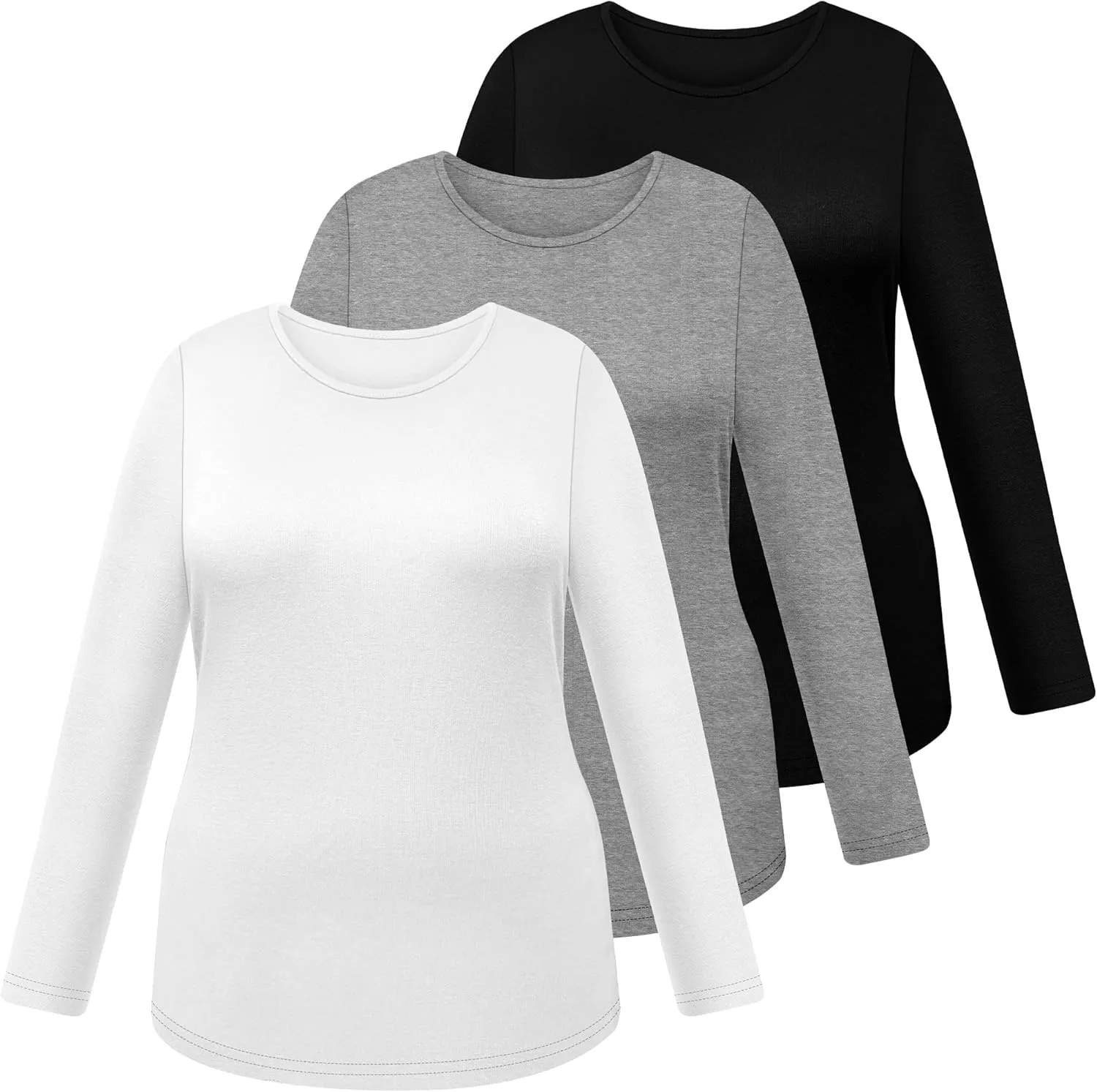 3 Pack Women's Plus Size Cotton Shirts, Scoop Neck Long Sleeve Casual Tops Form Fit Knitted Tees T-Shirts Blouses