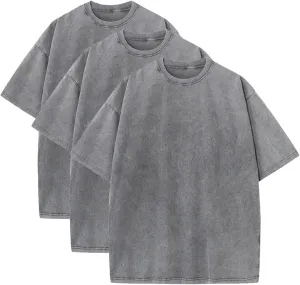 3 Pc Men Oversized T Shirts Heavy Cotton Acid Washed Vintage Tee Loose Fit Short Sleeve Streetwear Baggy Basic Tops