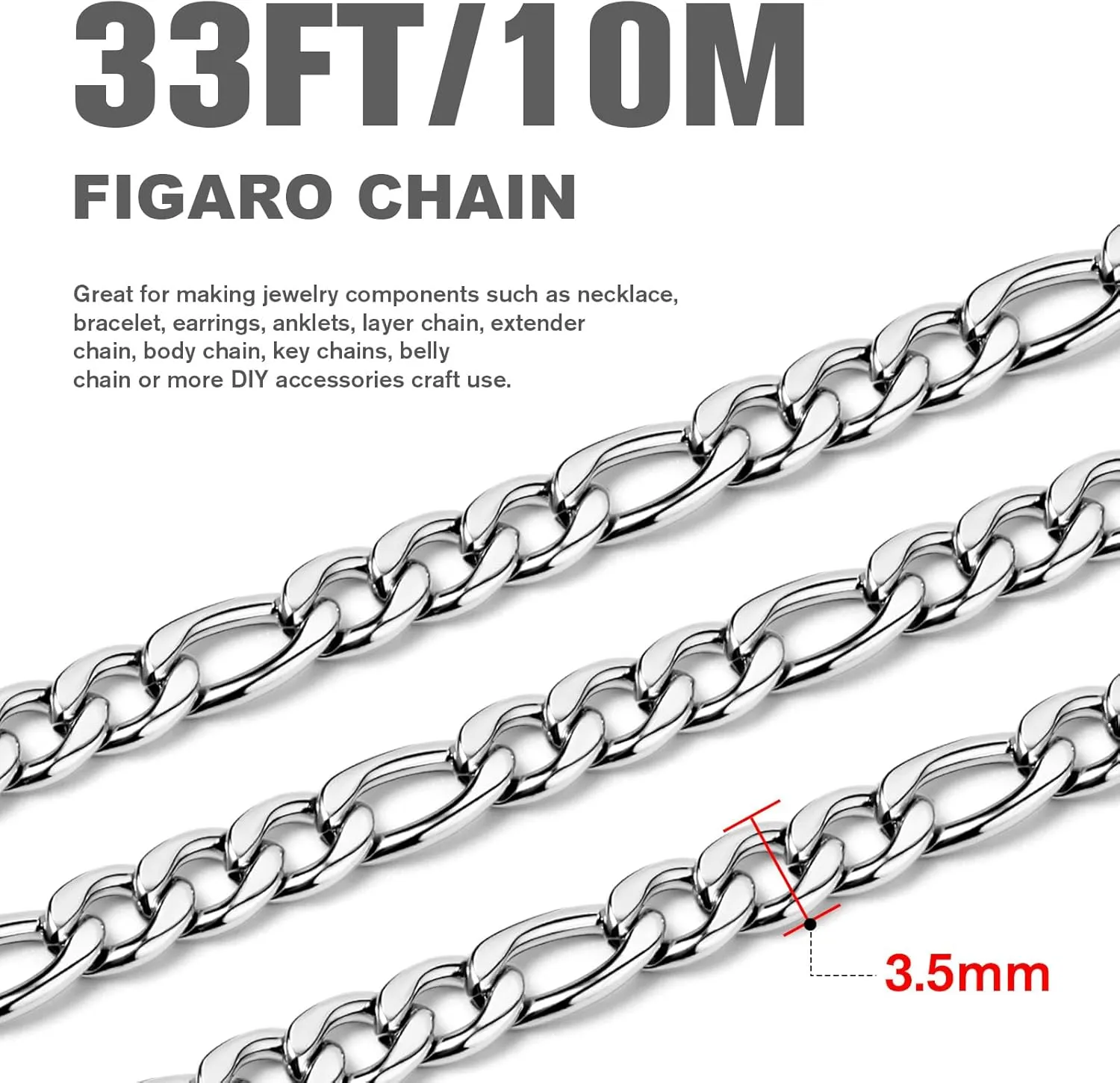 [33 Feet] Stainless Steel Figaro Chain, 3.5mm Width 304 Stainless Steel Link Chains Roll Bulk for Jewelry Making