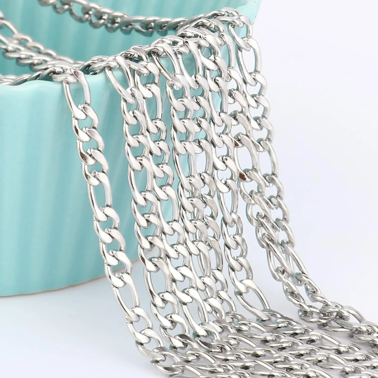 [33 Feet] Stainless Steel Figaro Chain, 3.5mm Width 304 Stainless Steel Link Chains Roll Bulk for Jewelry Making