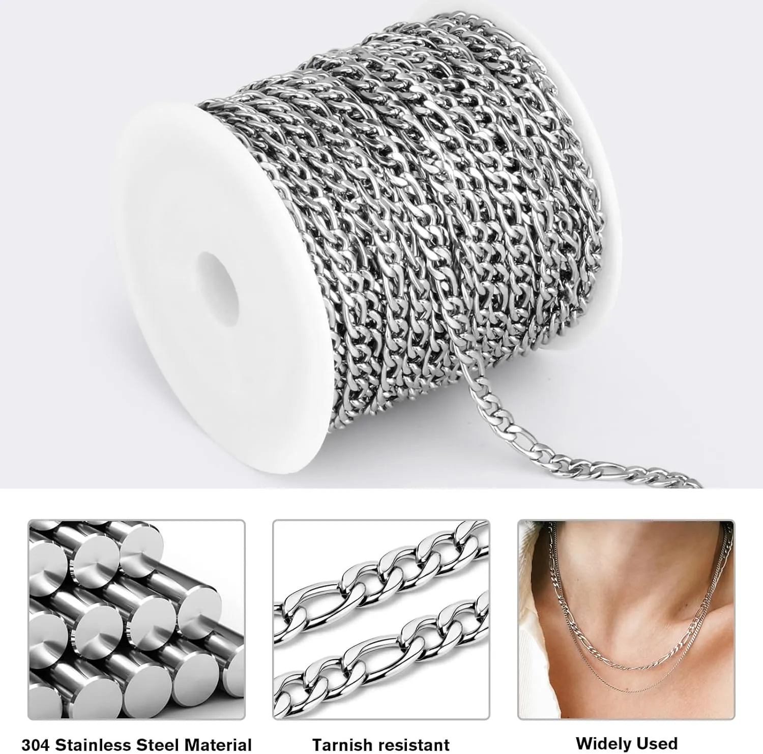 [33 Feet] Stainless Steel Figaro Chain, 3.5mm Width 304 Stainless Steel Link Chains Roll Bulk for Jewelry Making