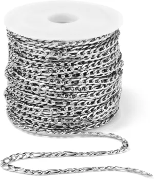 [33 Feet] Stainless Steel Figaro Chain, 3mm Width 304 Stainless Steel Link Chains Roll Bulk for Jewelry Making