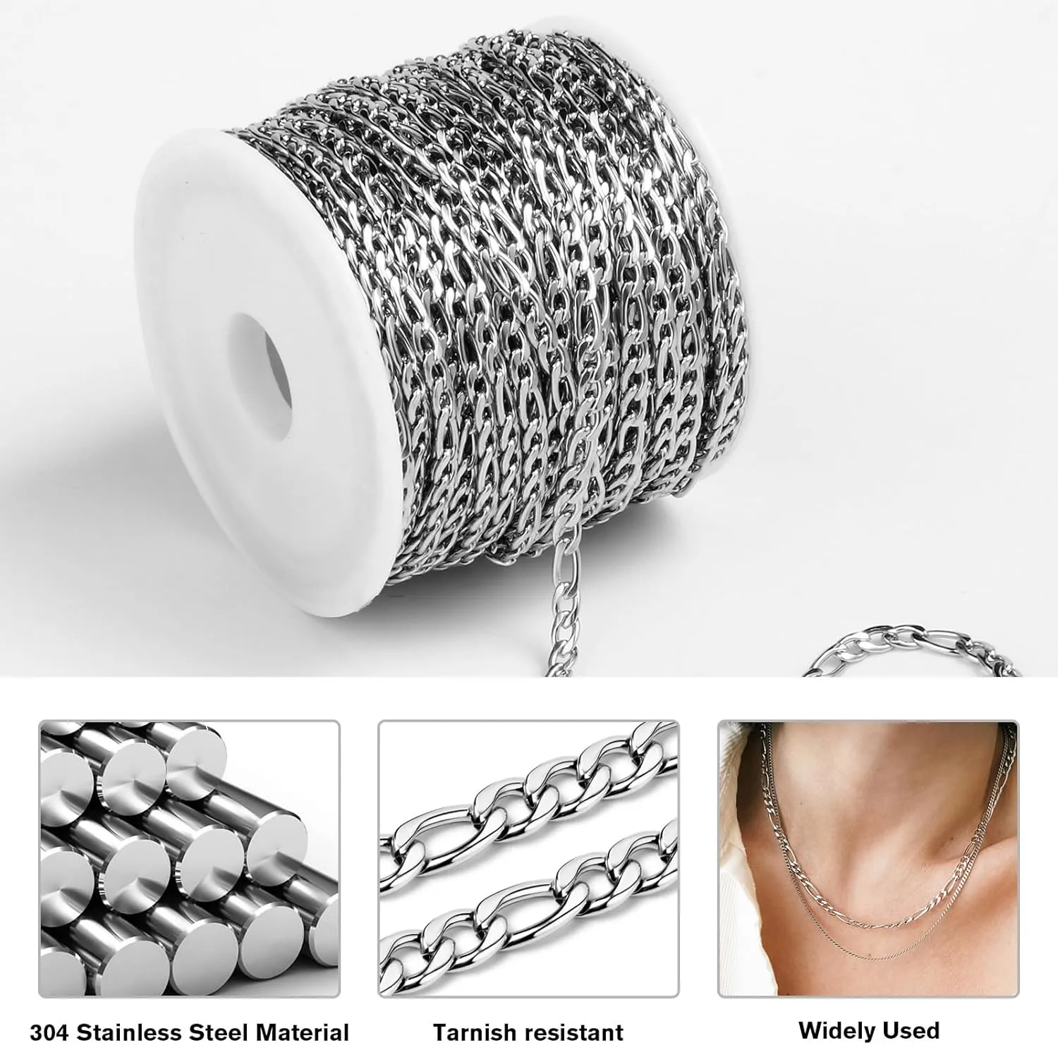 [33 Feet] Stainless Steel Figaro Chain, 3mm Width 304 Stainless Steel Link Chains Roll Bulk for Jewelry Making