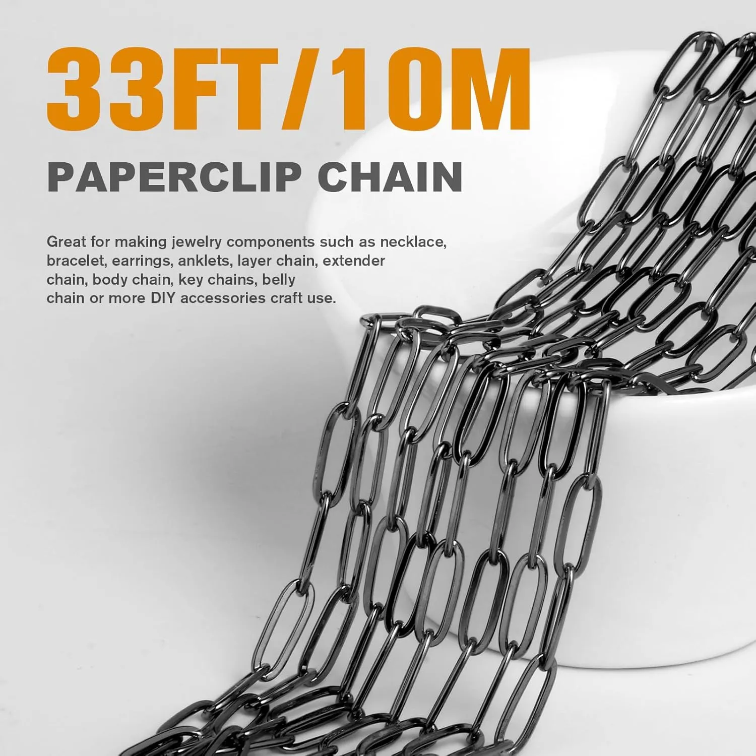 [33 Ft] Gunmetal Paperclip Chains Roll, 3mm Width 304 Stainless Steel Black Paperclip Oval Link Chain Spool Bulk for DIY Jewelry Making