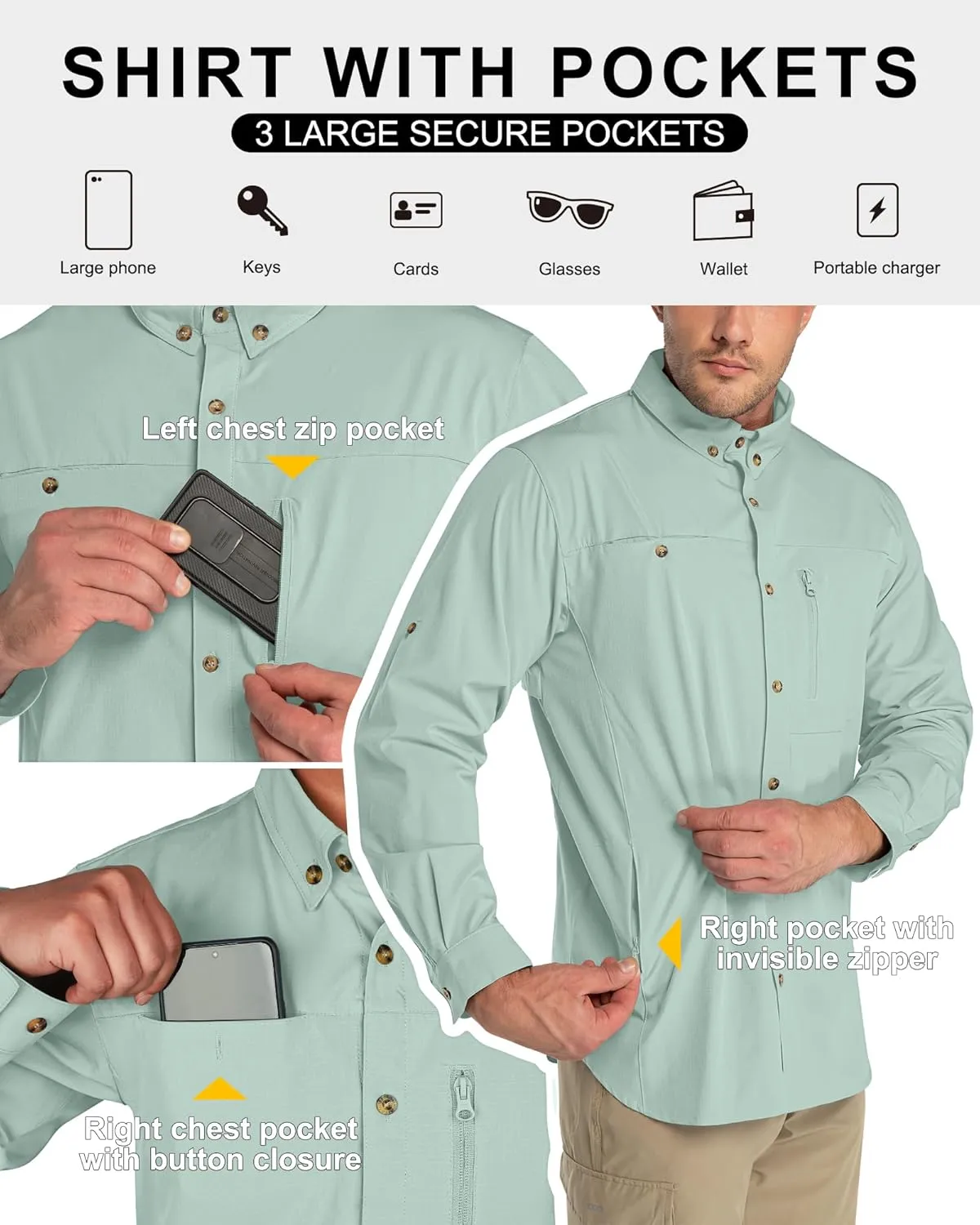33,000ft Men's UPF 50  UV Protection Long Sleeve Hiking Shirts Breathable Quick Dry Fishing Shirts for Safari, Outdoor