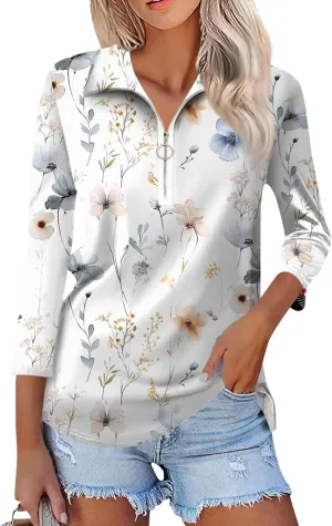 3/4 Length Sleeve Shirts for Women 2024 Trendy 1/2 Zipper Collar Lapel Tops Plain Color Tees Tunic Blouses Clothing