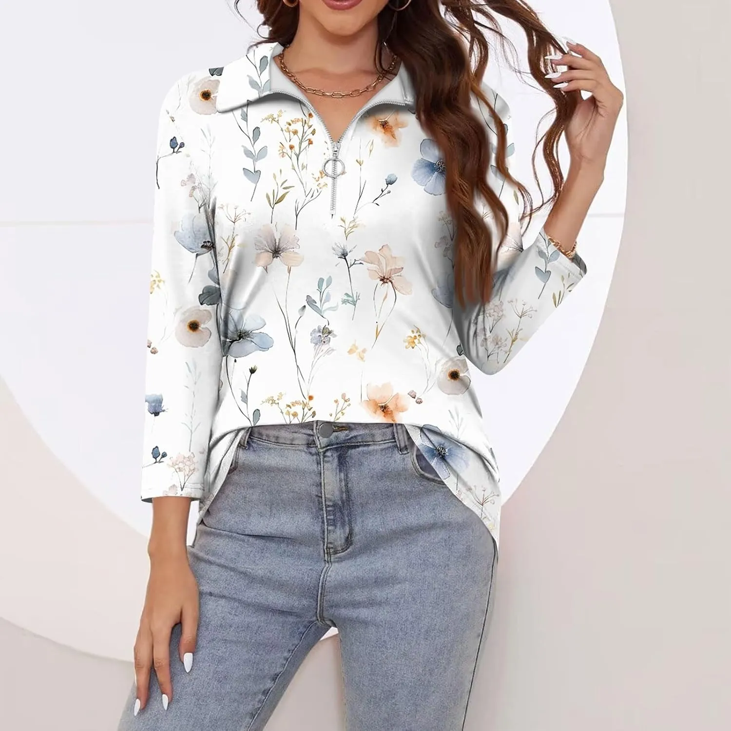 3/4 Length Sleeve Shirts for Women 2024 Trendy 1/2 Zipper Collar Lapel Tops Plain Color Tees Tunic Blouses Clothing