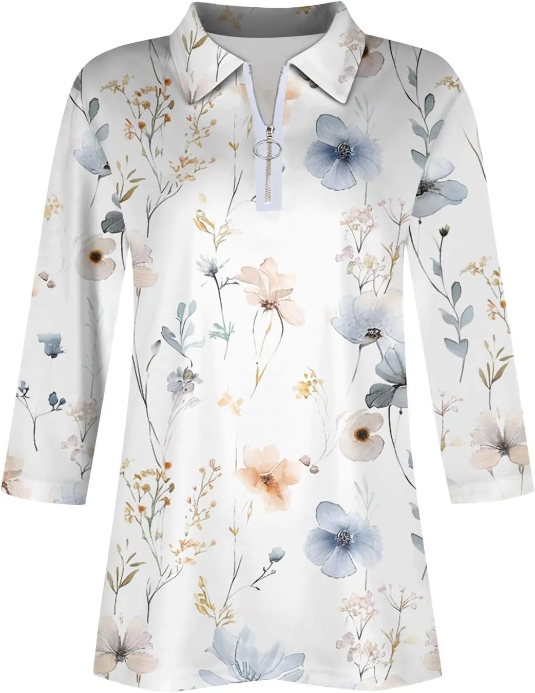 3/4 Length Sleeve Shirts for Women 2024 Trendy 1/2 Zipper Collar Lapel Tops Plain Color Tees Tunic Blouses Clothing