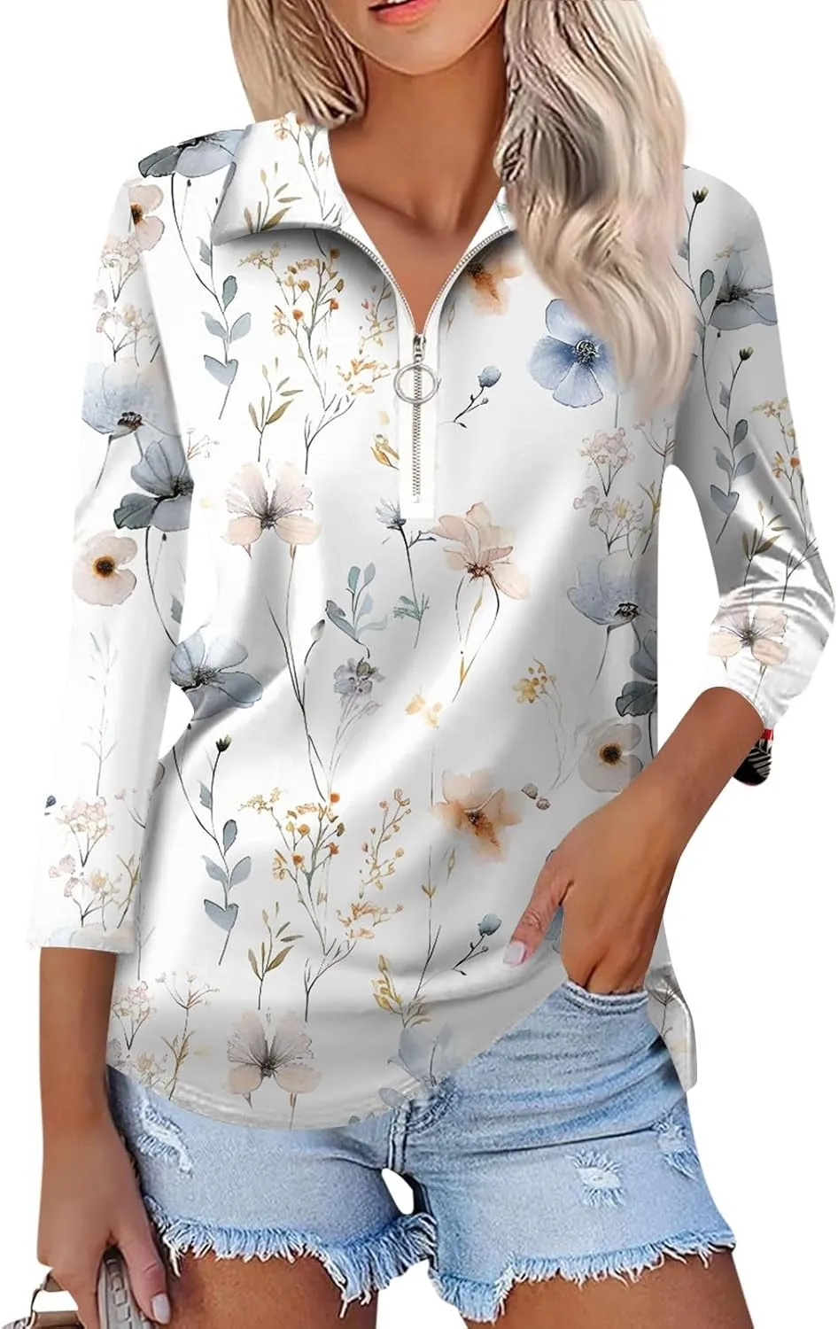 3/4 Length Sleeve Shirts for Women 2024 Trendy 1/2 Zipper Collar Lapel Tops Plain Color Tees Tunic Blouses Clothing