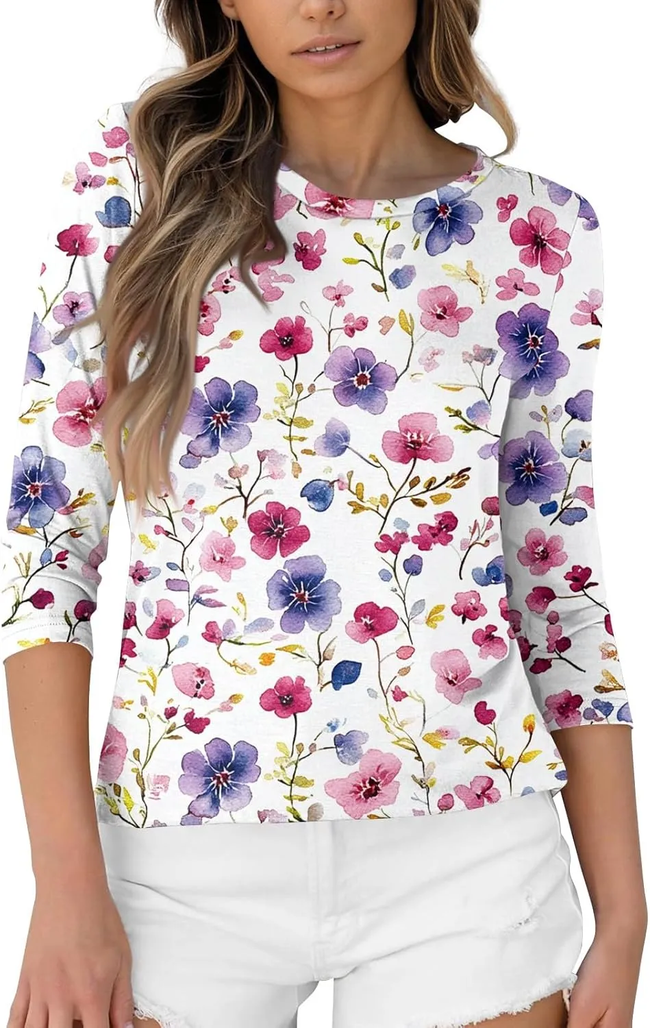 3/4 Length Sleeve Womens Tops Dressy Casual Round Neck T-Shirts Trendy Basic Tees Blouses Business Work Tee Top