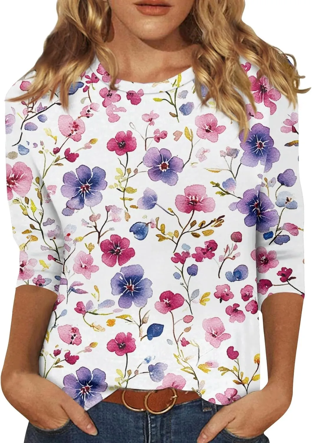 3/4 Length Sleeve Womens Tops Dressy Casual Round Neck T-Shirts Trendy Basic Tees Blouses Business Work Tee Top