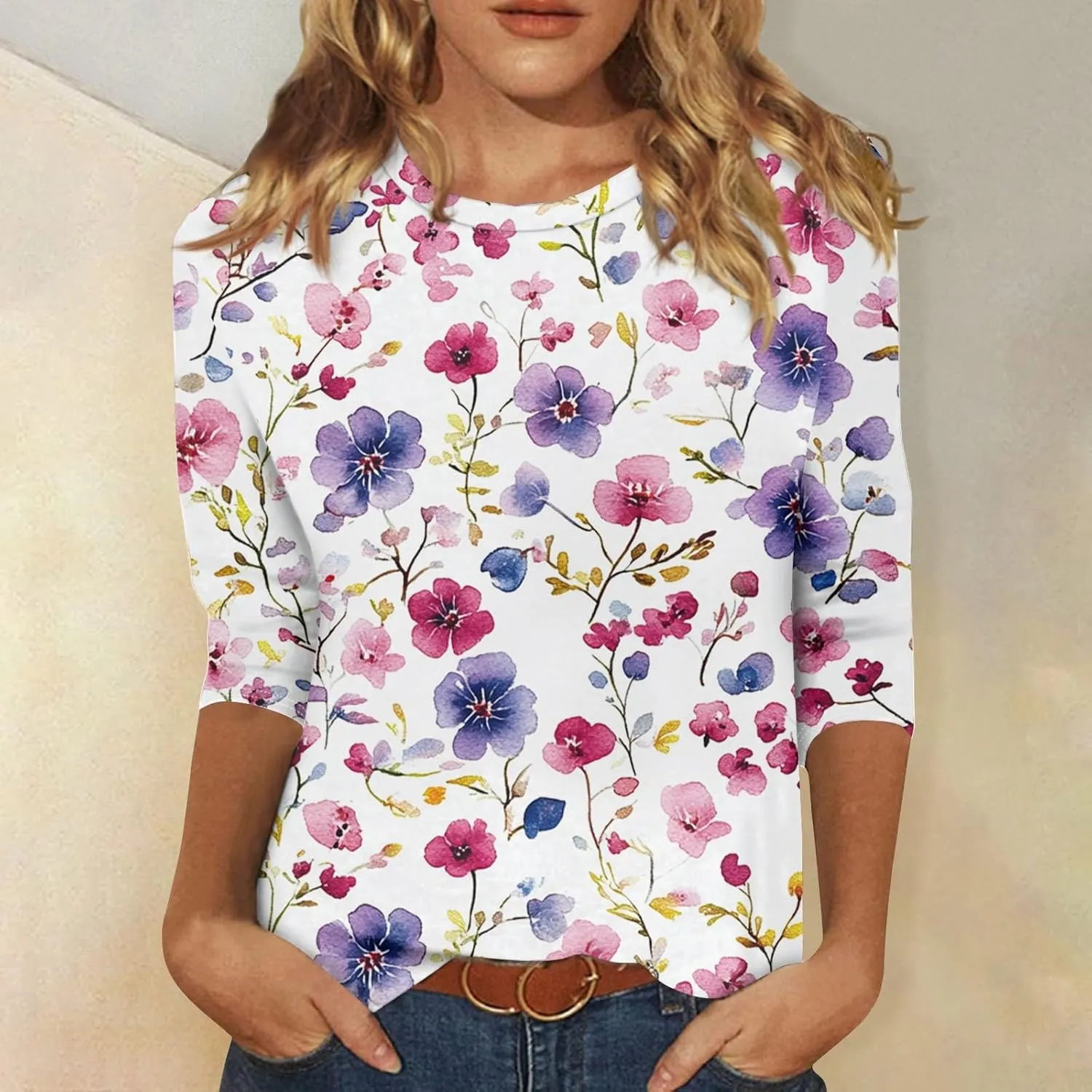 3/4 Length Sleeve Womens Tops Dressy Casual Round Neck T-Shirts Trendy Basic Tees Blouses Business Work Tee Top