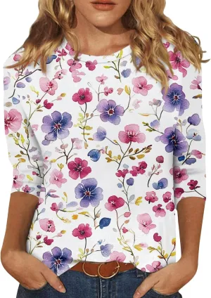 3/4 Length Sleeve Womens Tops Dressy Casual Round Neck T-Shirts Trendy Basic Tees Blouses Business Work Tee Top