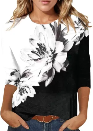 3/4 Sleeve Tops for Women Dressy Casual Blouses Fall Fashion Ethnic Graphic Crew Neck Tunic T Shirts