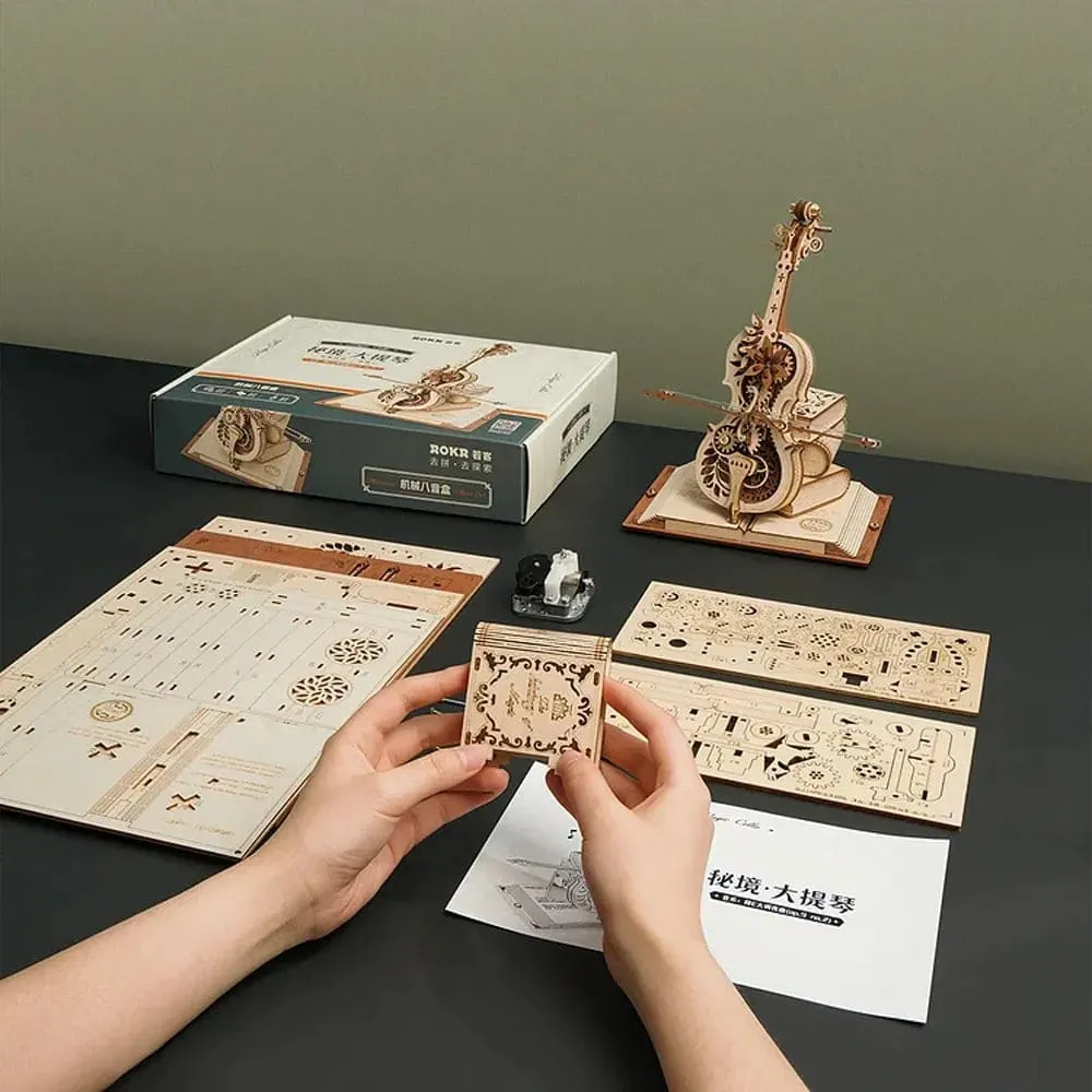3d Wooden Puzzle Magic Cello Mechanical Music Box Moveable Stem Funny Creative Toys for Child