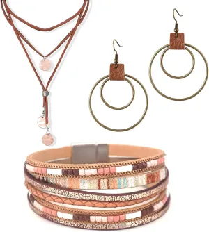 3PCS Western Jewelry for Women Bohemian Set,Boho Vintage Layered Necklace Dangle Drop Earrings Faux Leather Bracelet,Jewelry Sets for Women Gift