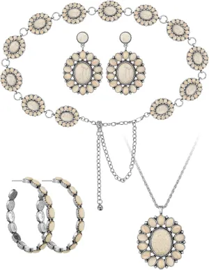 4 Pcs White Turquoise Concho Chain Belt Set Metal Western Waist Belts Turquoise Necklace Earrings Jewlery for Women
