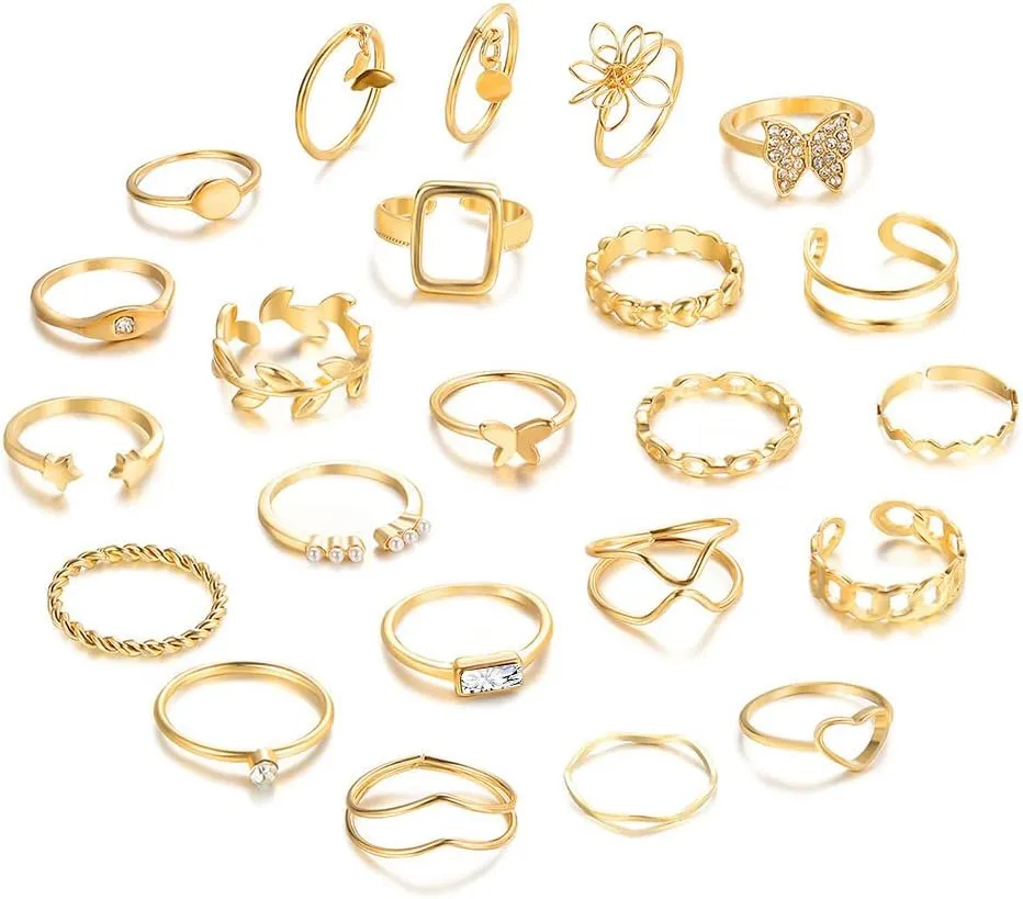 44pcs Chic Gold Knuckle Rings Set For Women,Vintage Stackable Dainty Simple Adjustable Silver Rings,Chunky Signet Cute Ring Pack Jewelry Gift