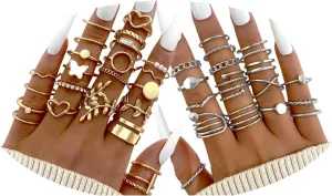 44pcs Chic Gold Knuckle Rings Set For Women,Vintage Stackable Dainty Simple Adjustable Silver Rings,Chunky Signet Cute Ring Pack Jewelry Gift