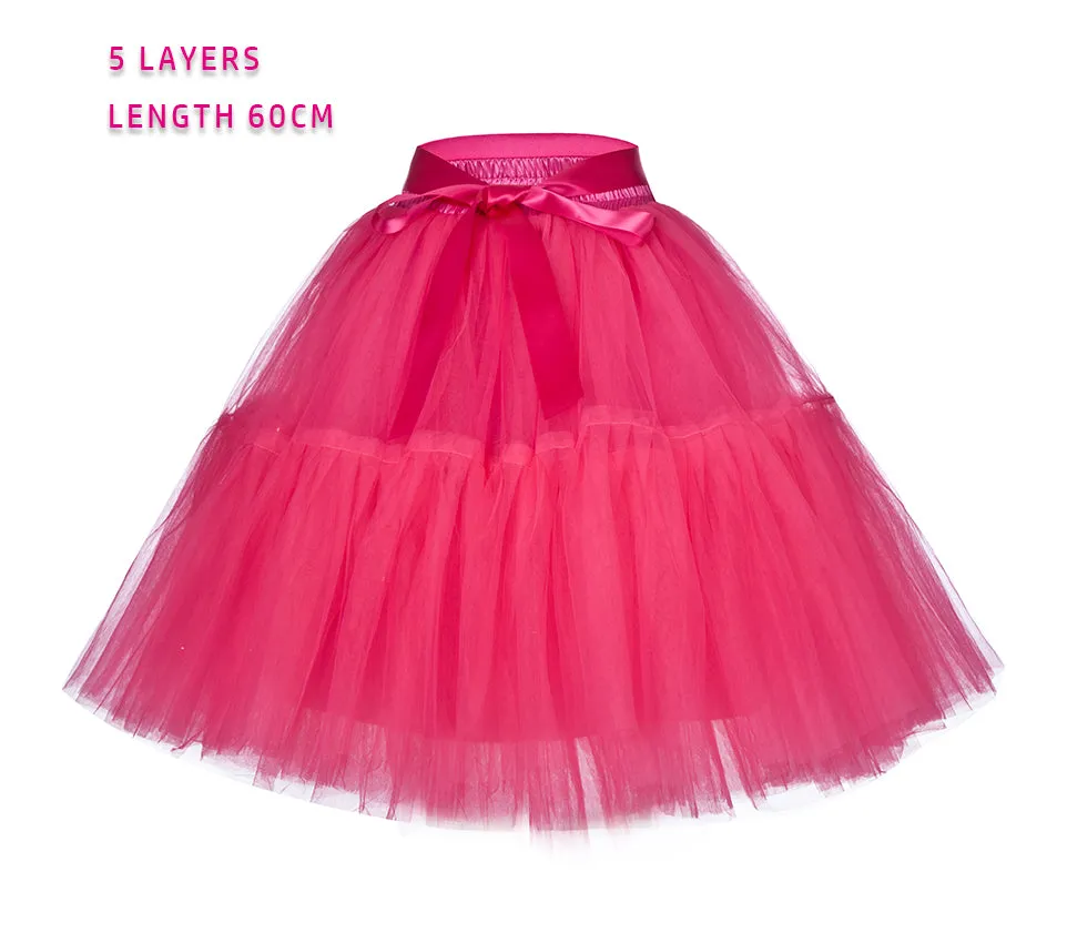 5 Layers 60cm Tutu Tulle Skirt Vintage Midi Pleated Skirts